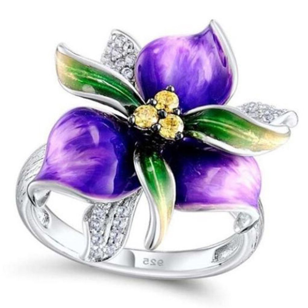 💝925 Silver Plated Purple Enamel CZ Crystal Fashion Ring, GPMB1512